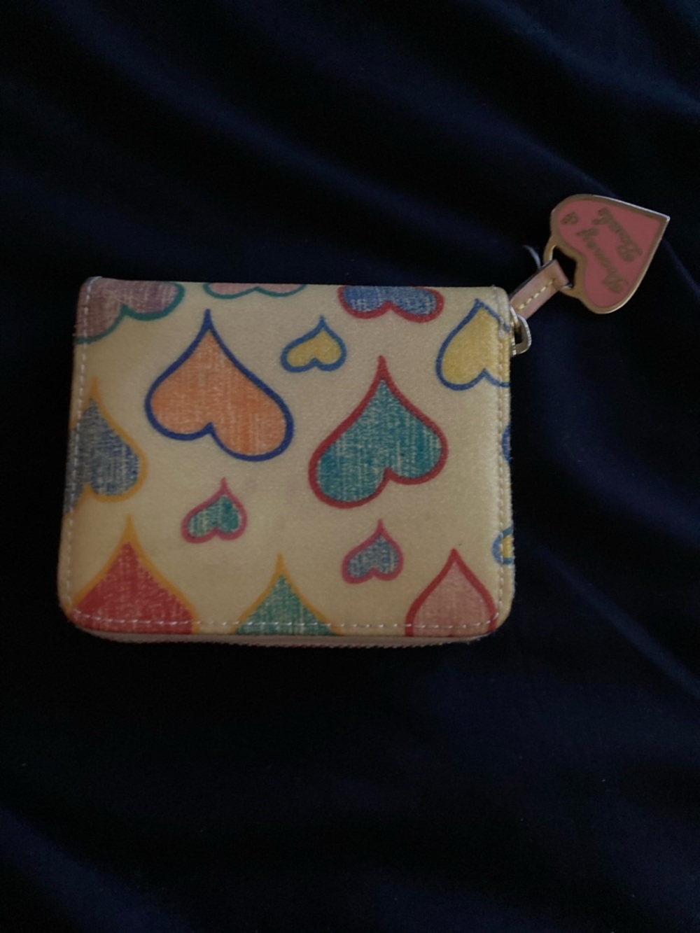 Dooney & Bourke Cream Heart Print Zip Wallet with Multicolor Hearts